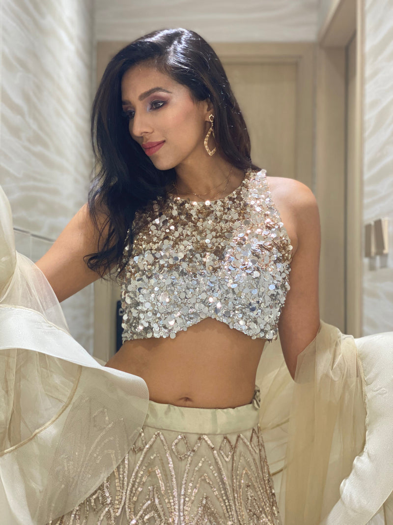 Buy Silver Shimmer Lycra Sheer Embellished Drape Lehenga With Blouse For  Women by Chaashni by Maansi and Ketan Online at Aza Fashions.