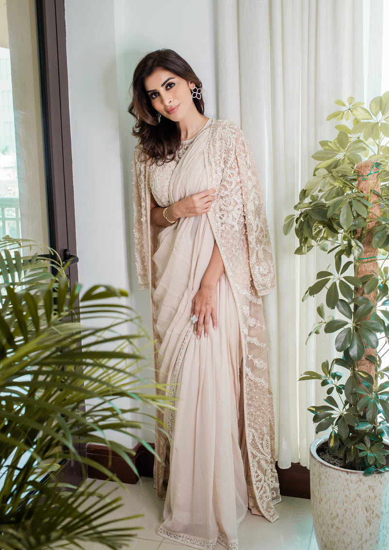 White Silk Embroidered Saree Jacket Saree Set Design by Sonali Gupta at  Pernia's Pop Up Shop 2024