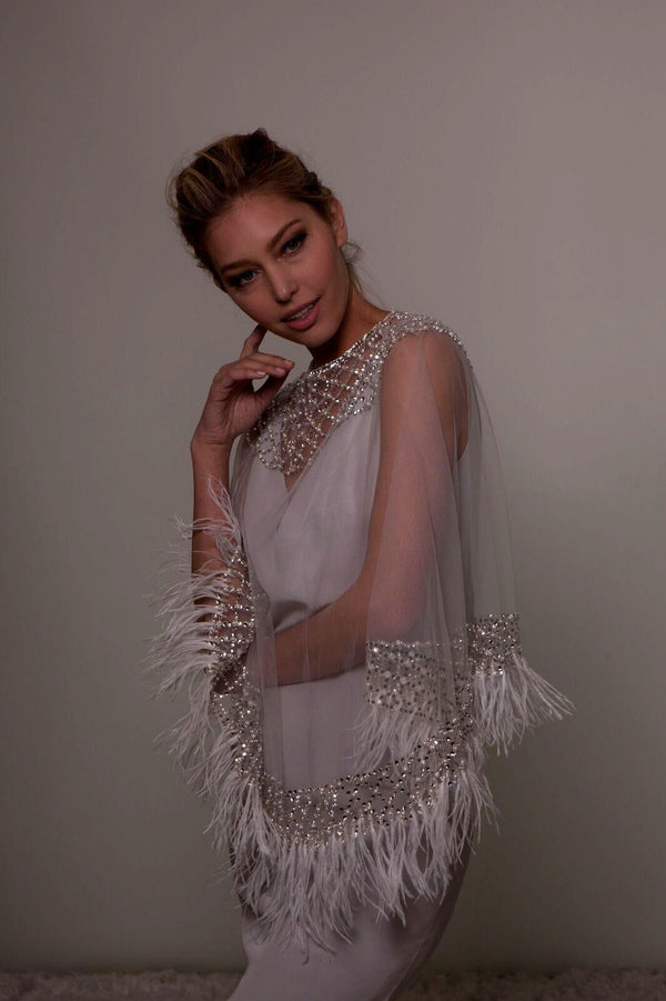 Crystal Embellished Cape with Feathers